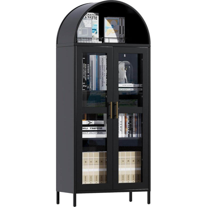 SUPEER Metal Display Cabinet Sideboard Standing Cabinet with Arch Roof, Kitchen Cabinet with 2 Glass Doors, Glass Display Cabinet for Living Room, Bedroom, 185 x 80 x 40 cm