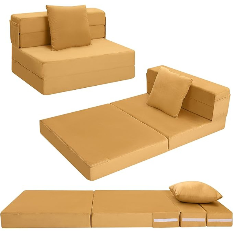 MeMoreCool Foldable Folding Mattress, High Density Foam Sofa Bed, Floor Futon Mattress, 4-Piece Guest Mattress, Guest Bed, Foldable, Folding Mattress Chair, Folding Mattress 75 x 195 cm, Yellow