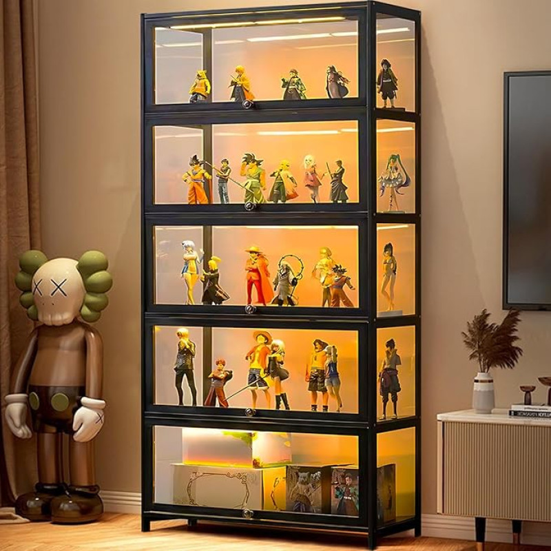 Scribora Display Cabinets, Glass Display Case for Collectibles & Trophy, 5 Tier Display Case, Bookcase, Storage Cabinet for Living Room, Bedroom, Office (Black Folding Door)