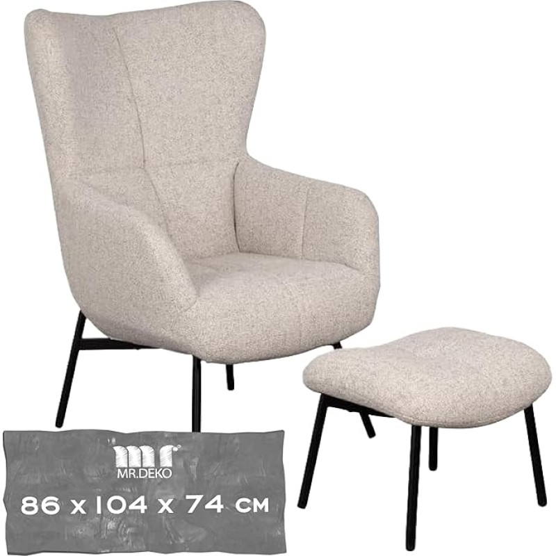MR. DEKO® Sava Wing Chair Beige Including Footstool, Modern Relaxing Chair with Armrests, High-Backed Upholstered Chair, Comfortable Chair for Living Room and Office, 86 x 104 x 74 cm, Living Room