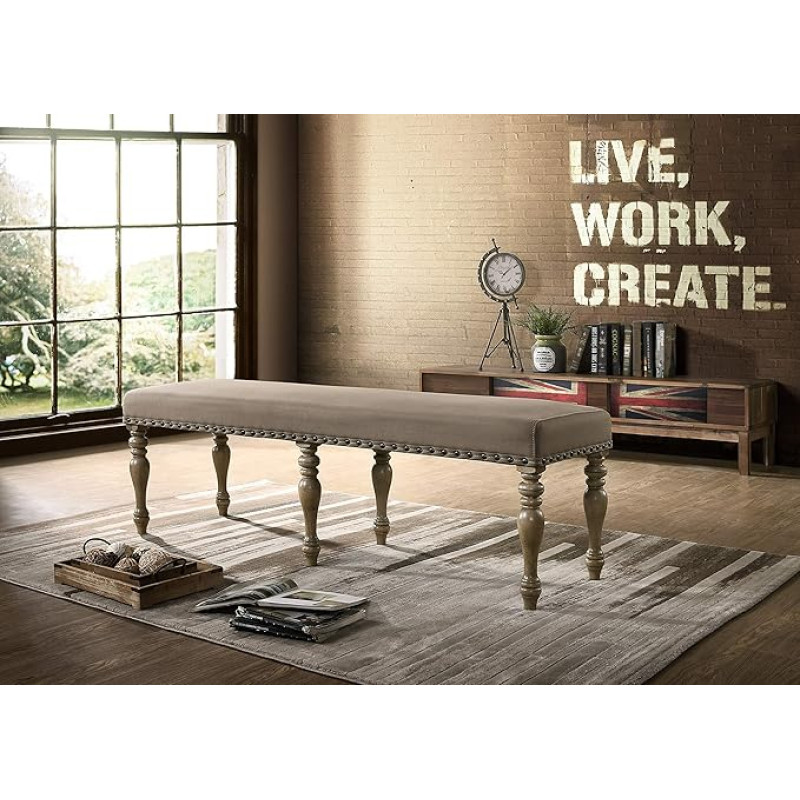 Roundhill Furniture CB428 Birmingham Upholstery Bench with Nail Head Detail, Microfiber Driftwood Finish