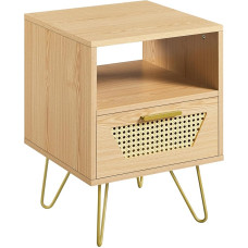 Yaheetech Rattan Side Table Bedside Table for Box Spring Bed Bedside Table with 1 Drawer and 1 Open Storage Compartment Metal Legs Sofa Table 40 × 40 × 55 cm, Light Brown
