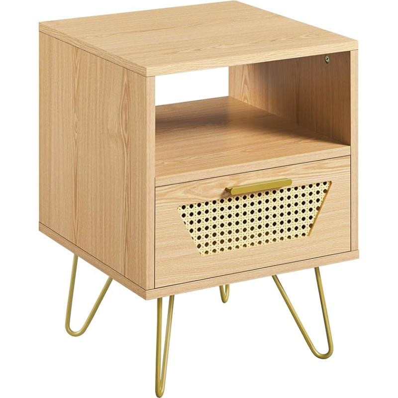 Yaheetech Rattan Side Table Bedside Table for Box Spring Bed Bedside Table with 1 Drawer and 1 Open Storage Compartment Metal Legs Sofa Table 40 × 40 × 55 cm, Light Brown