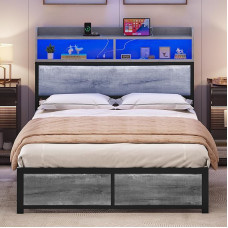 YITAHOME LED Bed Frame with Headboard, USB Ports and Charging Outputs, Metal Platform Bed Frame with 2 Shelves, No Mattress Required