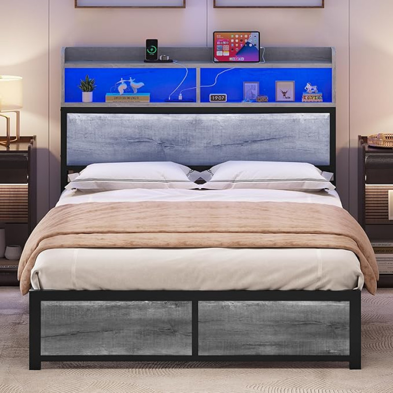 YITAHOME LED Bed Frame with Headboard, USB Ports and Charging Outputs, Metal Platform Bed Frame with 2 Shelves, No Mattress Required