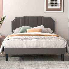 Vecelo Full Size Bed Frame, Upholstered Bed Frame with Adjustable Headboard, Velvet Platform Bedframe Mattress Foundation, Strong Wooden Platform, No Box Required