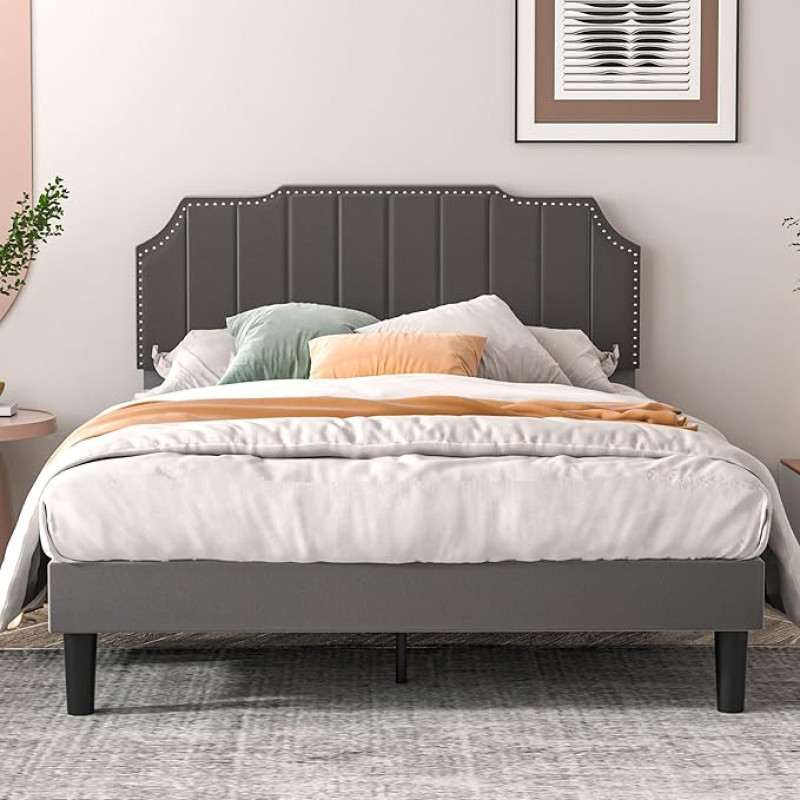 Vecelo Full Size Bed Frame, Upholstered Bed Frame with Adjustable Headboard, Velvet Platform Bedframe Mattress Foundation, Strong Wooden Platform, No Box Required