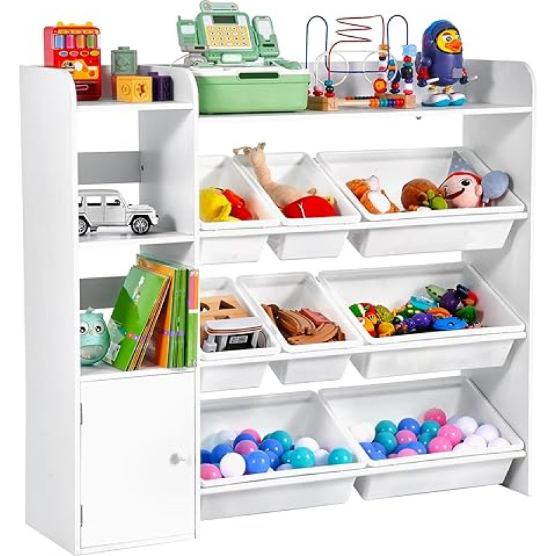 VEVOR Toy Storage Bookcase Toy Shelf, 4-Tier Multifunctional Shelf with 8 Flexible Plastic Containers, Cupboard for Bedroom, Classroom, Children's Room, White
