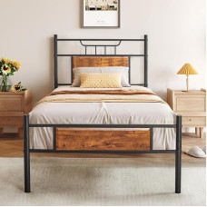 VECELO Bed 90 x 200 cm with Wooden Headboard, Wooden Metal Bed with Slatted Frame, Metal Bed Frame, Single Bed, Youth Bed, Guest Bed, Perfect for Bedroom, Brown