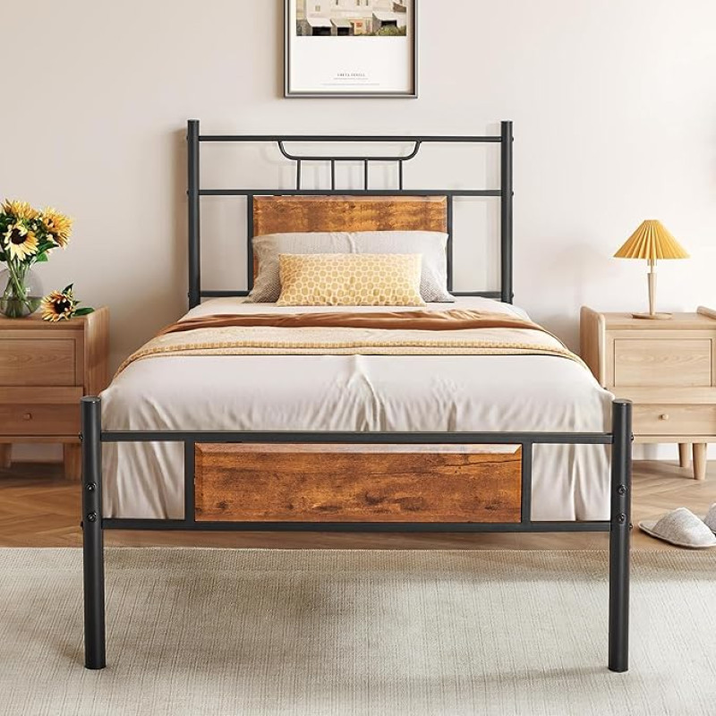 VECELO Bed 90 x 200 cm with Wooden Headboard, Wooden Metal Bed with Slatted Frame, Metal Bed Frame, Single Bed, Youth Bed, Guest Bed, Perfect for Bedroom, Brown