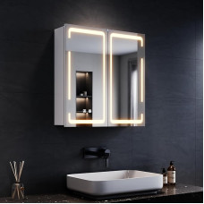 SONNI LED Mirror Cabinet 3 Light Colours Adjustable Bathroom Mirror Cabinet with Lighting and Anti-Fog LED Bathroom Cabinet with Wireless Hinge Design Medicine Cabinet 59 x 60 cm