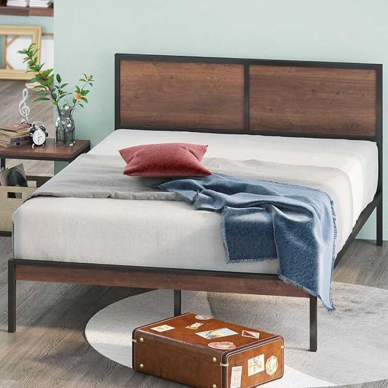 ZINUS Mory 30cm Metal and Wood Platform Bed Frame with Split Headboard | Wooden Slat Support | Easy Assembly | 180 x 200 cm | Brown