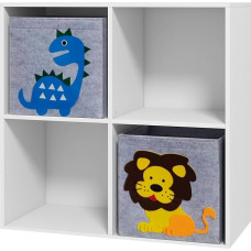 ZONEKIZ Kids Storage Furniture Shelves Kids Room Bookcase 4 Compartments 2 Fabric Baskets Dinosaur 62 x 30 x 62 cm White
