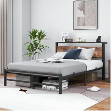 VERFARM Metal Bed Frame with Wooden Storage Headboard, Bed Frame with Slatted Frame for Bedroom, Guest Room, Easy Assembly, Noise-Free, 120 x 200 cm