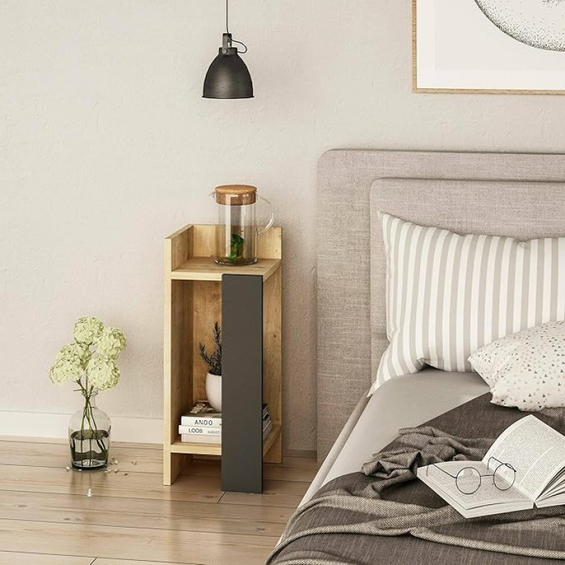 Dmora - Celestia Bedside Table, Low Chest of Drawers, Table, Multifunctional Bedside Table, 25 x 27 x 60 cm, Oak and Anthracite
