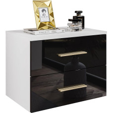 lukmebel Lina II Hanging Bedside Table, 55 x 42 x 37 cm, LED Lighting, Bedside Table, White / Black, High Gloss, Gold Handle, Bedside Table with Drawer, Bedroom Cabinet