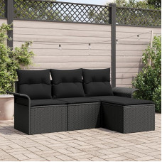 Rantry 4-teiliges Garten Sofa Set mit Kissen Schwarz Poly Rattan, 2-Sitzer Garten Sofa mit Stauraum & Kissen Schwarz Poly Rattan Gartenlounge Model3353982