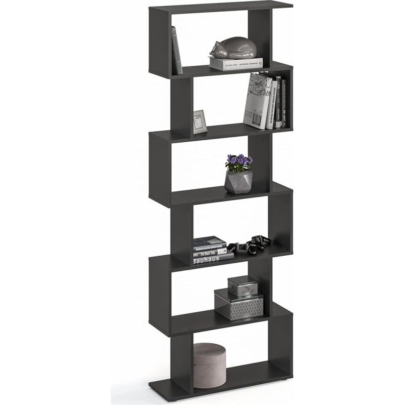 KOMTO Bookcase Black - Room Divider Shelf 191 x 70 x 24 cm Standing Shelf Wood and Tall with 6 Levels S-Shaped Modern High Shelf Filing Shelf Office Shelf