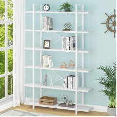HSH 6 Tier Tall White Bookshelf, Industrial Modern Vertical Metal and Wood White Bookcases, 6 Shelves, Farmhouse Open Large Storage Book Shelves & Display Book Shelf for Bedroom, Living Room, Office