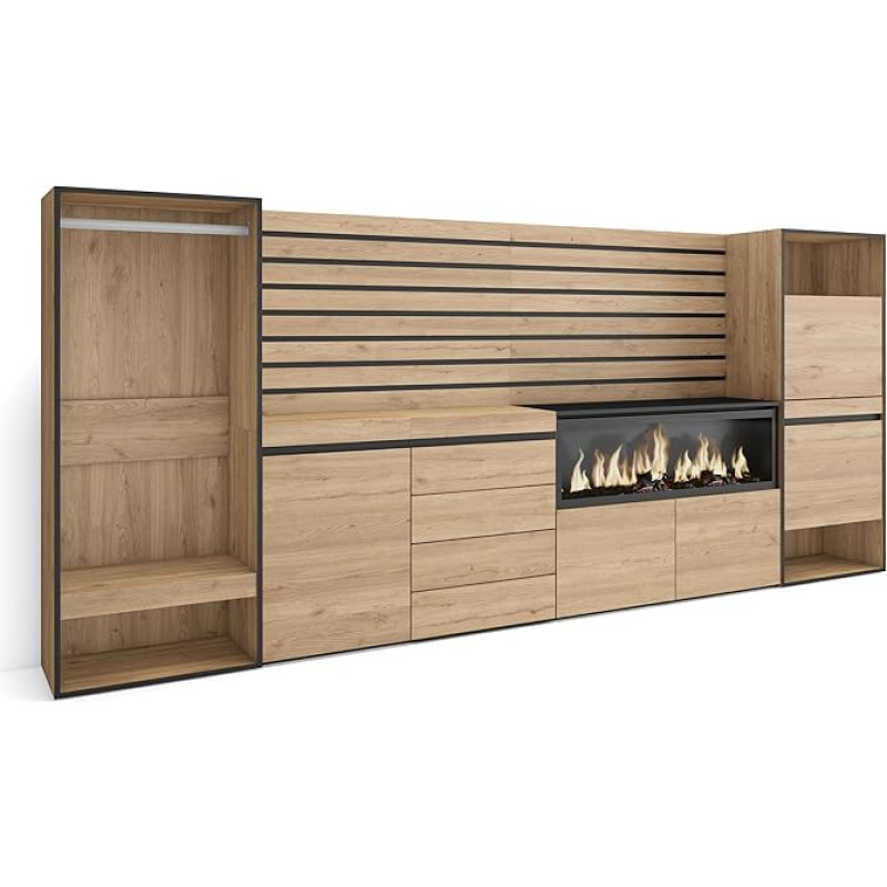 Skraut Home Sideboard, Chest of Drawers, Storage Cabinet, 334 x 145 x 35 cm, For Bedroom, Electric Fireplace, XXL, Chest of Drawers with Drawers, Shoe Cabinet, Open Wardrobe, Modern Style, Oak