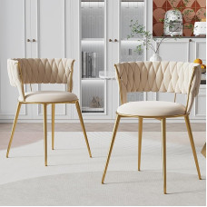 LIFEISLE Dining Room Chairs, Set of 2, Chairs with Golden Metal Legs, Velvet Kitchen Chairs, Shell Chairs with Handwoven Armrest for Dining Room, Living Room, Beige