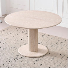 EGOONM Round Dining Table (Stone Structure) with Cylindrical Base; Kitchen Table for 4-6 People, Round Living Room Table for Kitchen, Dining Room, Balcony, Office and Cafe, 115 x 115 x 75 cm (Beige)