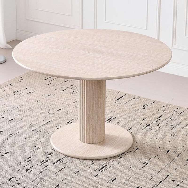 EGOONM Round Dining Table (Stone Structure) with Cylindrical Base; Kitchen Table for 4-6 People, Round Living Room Table for Kitchen, Dining Room, Balcony, Office and Cafe, 115 x 115 x 75 cm (Beige)