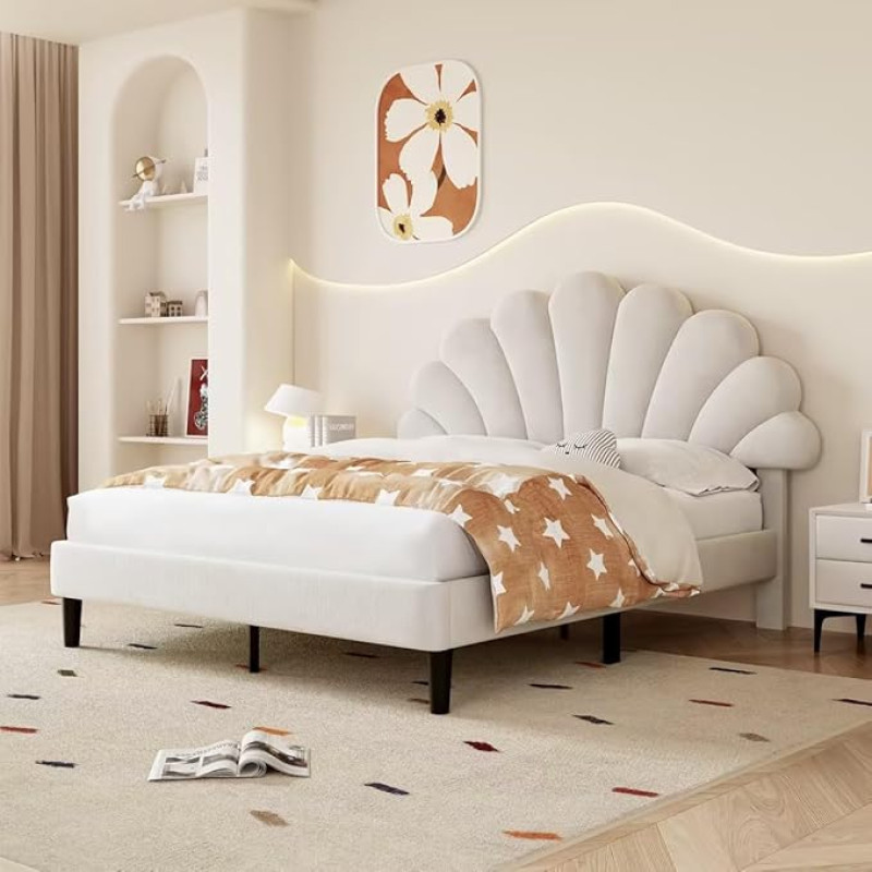 BTM 4ft6 Double Upholstered Bed 4ft6 x 75 Inch with Adjustable Headboard and Solid Wood Slats - Velvet Beige