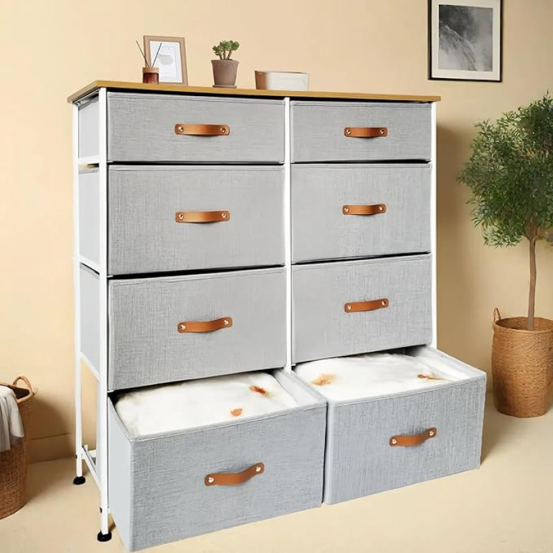 Amazing Tour Kommode, Schlafzimmerschubladen, 8 Stoffschubladen, Grau, hohe Kommode mit Holzplatte, Schubladenaufbewahrung für Schlafzimmer, Wohnzimmer, Schränke