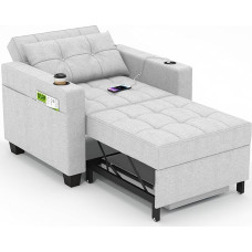 DURASPACE 99 cm Sleeping Chair, 3-in-1 Convertible Chair Bed, Extendable Sleeping Chair, Sofa Bed with USB Ports, Side Pocket, Drink Holder for Small Space, Light Grey