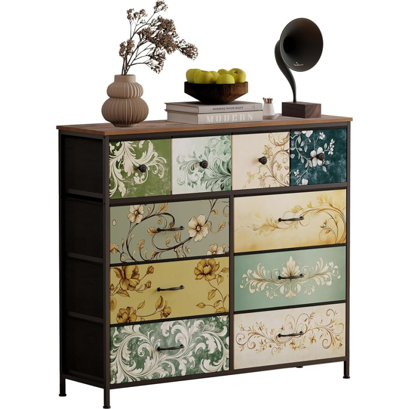 UnbYuro Chest of Drawers, Fabric Storage, Dresser Drawers for Bedroom, Hallway, Children's Room, Closets, Steel Frame, Wooden Top, Easy Pull Handle (Rustic Brown, 10 Drawers)