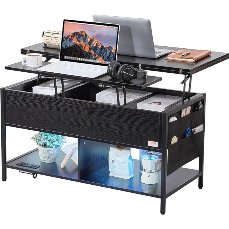 VEVOR Coffee Table with Lift Top, 39.4 Inch Rectangular Coffee Table with Additional Storage Pockets, Foldable Coffee Table with Power Strip & USB & Ambient Lighting