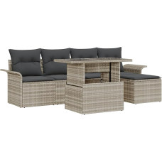 Rantry 6-teiliges Garten Sofa Set mit Kissen Hellegrau Poly Rattan, 2-Sitzer Garten Sofa mit Stauraum & Kissen Hellegrau Poly Rattan Gartenlounge Model3357005