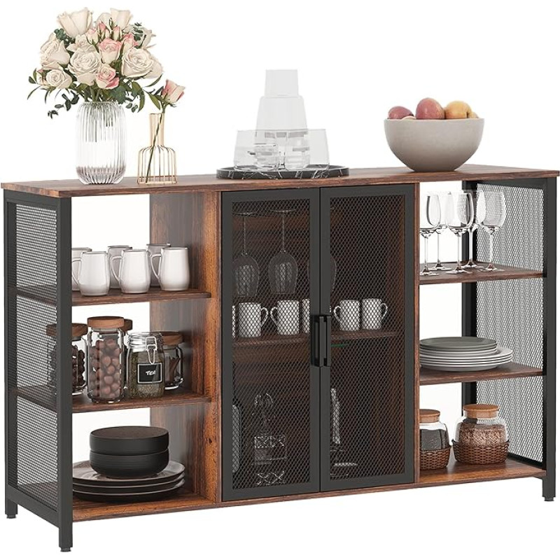 HOMCOM Industrial Kitchen Sideboard Buffet Sideboard with 6 Open Shelves Glass Holder and Adjustable Shelf for Bar Dining Room 120 x 40 x 76 cm Rustic Brown