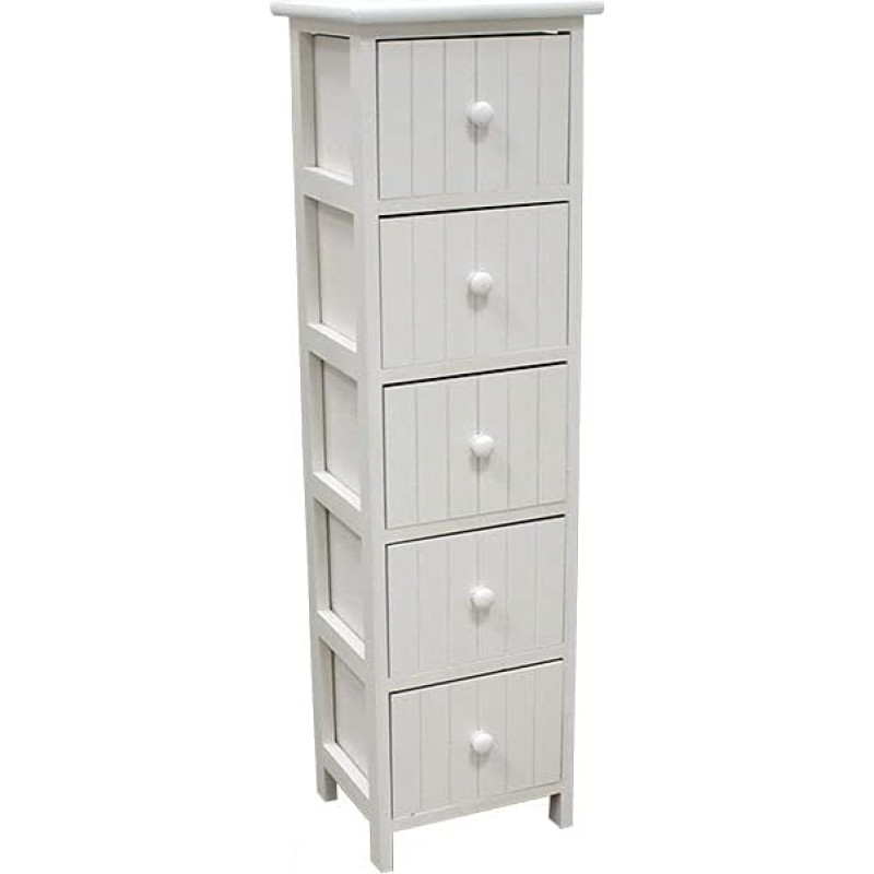 MIMBRE NATURAL Vertical White Narrow 5 Drawer Chest of Drawers or Bedside Table in White Wood with 5 Vertical Striped Drawers 27 x 23 x 92.5 cm