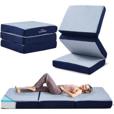 MKS Folding Mattress, Guest Mattress, 3-Piece Folding Mattress, 15 cm Thick, Foldable, Adults (Blue, 75 x 65 x 45 cm)