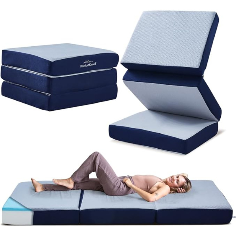 MKS Folding Mattress, Guest Mattress, 3-Piece Folding Mattress, 15 cm Thick, Foldable, Adults (Blue, 75 x 65 x 45 cm)