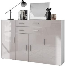 Vladon Aron Highboard Sideboard with 2 Drawers and 4 Doors with a Total of 8 Compartments Behind, Matte White / Sand Grey High Gloss (166.5 x 106.5 x 35 cm)