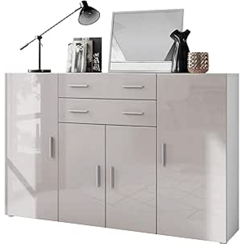 Vladon Aron Highboard Sideboard with 2 Drawers and 4 Doors with a Total of 8 Compartments Behind, Matte White / Sand Grey High Gloss (166.5 x 106.5 x 35 cm)