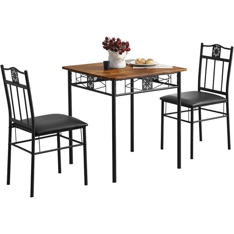 VECELO 3-teiliges Küchen-Esszimmertisch-Set für kleine Räume, PU-gepolsterte Stühle, Retro-Braun