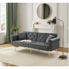Modern 2-Seater Sofa Bed - Velvet Cover, Backrest with 3-Level Adjustment & Gold-Plated Metal Feet Sofa with Sleep Function - Space-Saving, 173 x 75 x 70 cm (Grey)
