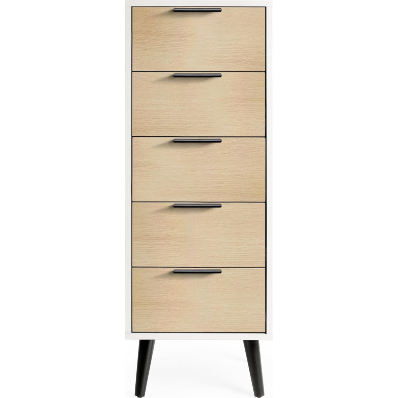 Julian Bowen Alba Slim Chest of Drawers with 5 Drawers, Soft Close, White and Oak, 120.5 x 45 x 40 cm
