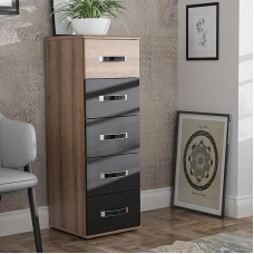 FORTE Dolce Chest of Drawers 40, Narrow Chest of Drawers with 5 Drawers, Modern Sideboard, Wood Composite, Mud Oak Wood Decor/Black Oak Wood Decor, 40.4 cm Wide x 117.6 cm High x 41.3 cm Deep