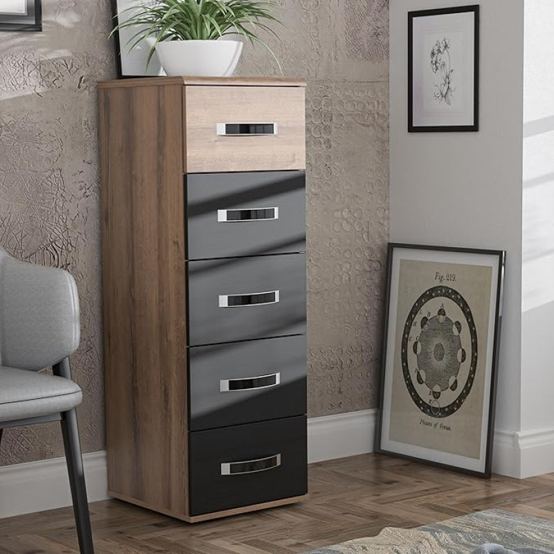 FORTE Dolce Chest of Drawers 40, Narrow Chest of Drawers with 5 Drawers, Modern Sideboard, Wood Composite, Mud Oak Wood Decor/Black Oak Wood Decor, 40.4 cm Wide x 117.6 cm High x 41.3 cm Deep