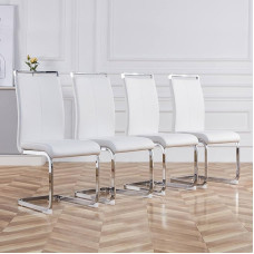 Merax Cantilever Chairs, Set of 4, Dining Room Chairs with PU Faux Leather and High Backrest, Chrome-Plated Metal Frame, Modern Kitchen Chair, Upholstered Chair for Living Room, Conference Room, White