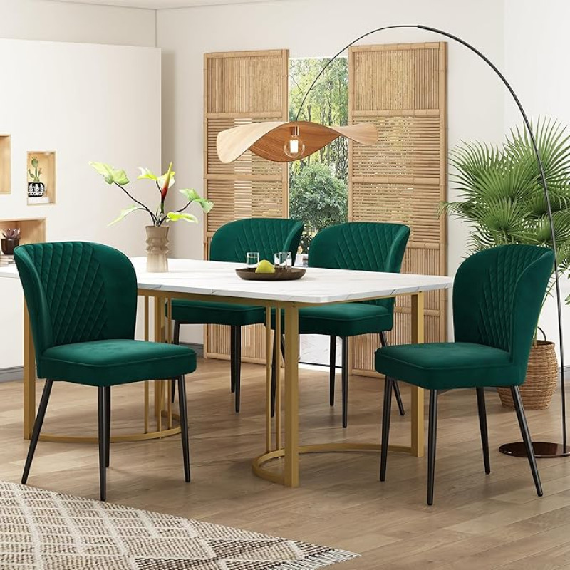 A ALFRESCOOL Dining Set (Set, 140 x 80 x 75 cm, Dining Table with 4 Chairs), Modern Kitchen Table Set, Dark Grey Velvet Dining Room Chairs, Upholstered Chair with Backrest, Golden Table Legs (Green)