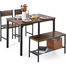 Giantex Dining Table Set for 4 Seater Kitchen Table with 2 Chairs & 1 Bench Industrial Assembly Bench Dining Set with Metal Frame and Storage Shelf Dinette Set Modern Functional