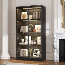 Caldion Display Cabinet with Glass Doors and 3 Lighting, Standing Glass Display Cabinet with 4-Tier Shelves, Glass Cabinet with Pop-up Design, Display Cabinet with 2 Glass Doors, Black, 80 x 40 x 160