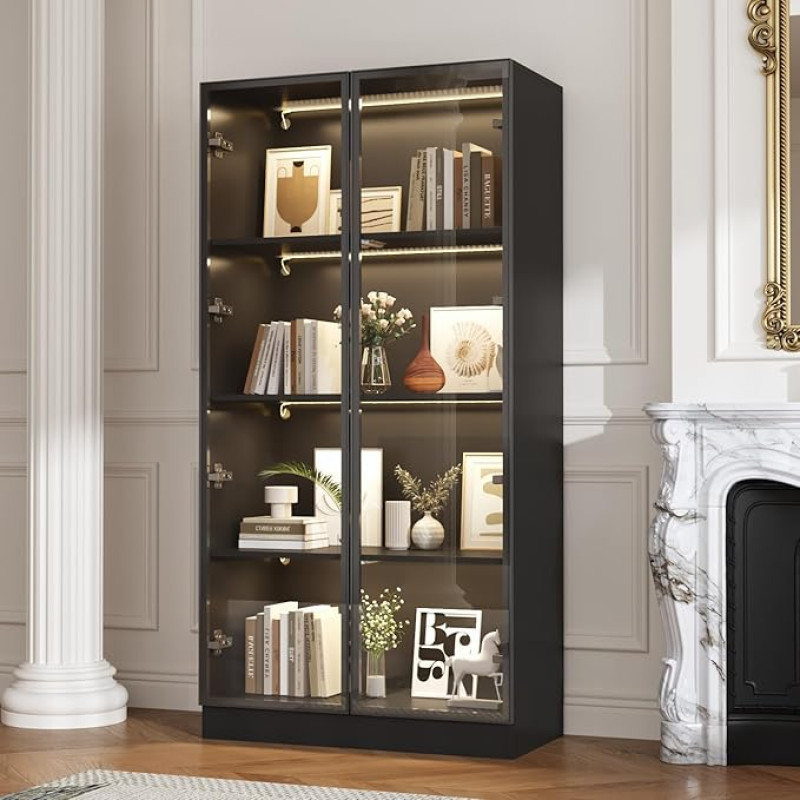 Caldion Display Cabinet with Glass Doors and 3 Lighting, Standing Glass Display Cabinet with 4-Tier Shelves, Glass Cabinet with Pop-up Design, Display Cabinet with 2 Glass Doors, Black, 80 x 40 x 160