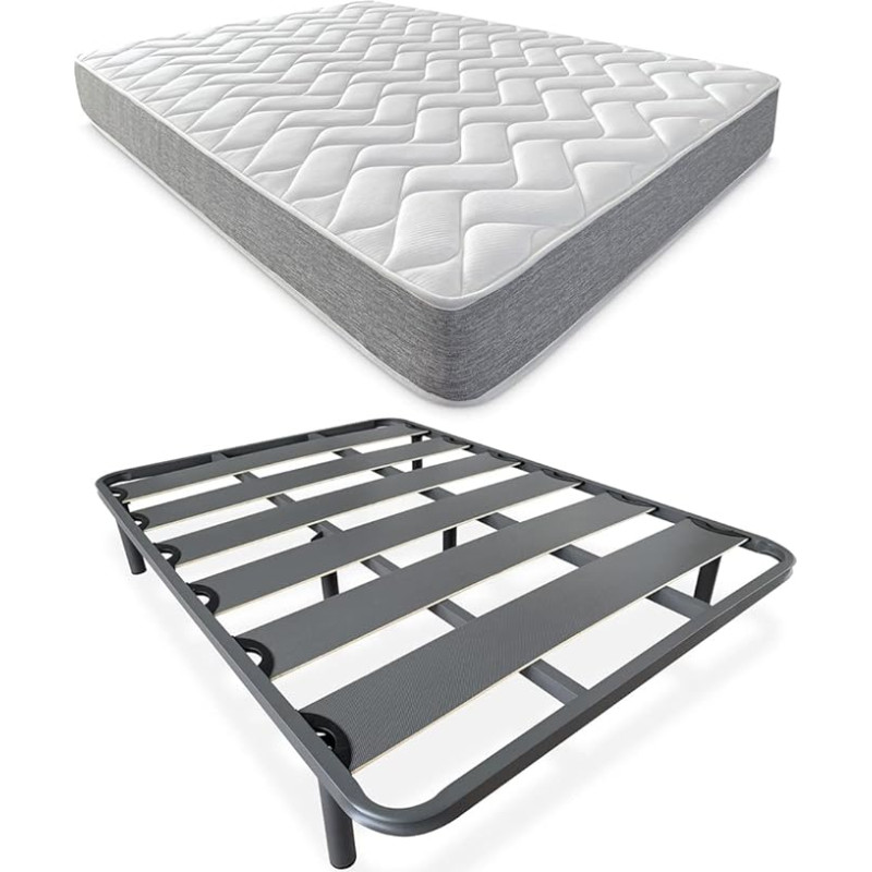 DUÉRMETE ONLINE Full Bed with Viscotec Reversible Mattress (Face for Winter/Summer) + Reinforced Slatted Base 40 x 30 mm with 4 Metal Feet - Alloy Steel, Grey, 90 x 190 cm
